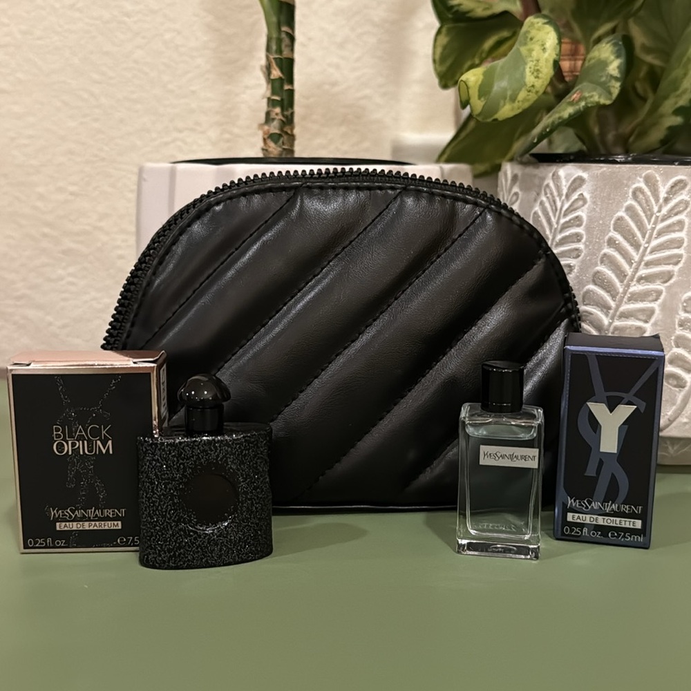 Yves Saint Laurent Black Quilted Pouch with Black and Clear Mini Perfumes